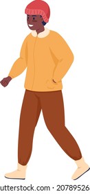 Happy man walking semi flat color vector character. Walking figure. Full body person on white. Winter season isolated modern cartoon style illustration for graphic design and animation
