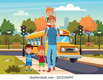 Happy man walking in the stree with boys over school bus and street, colorful design, vector illustration