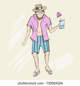 A happy man walks along the beach with a drink in his hand. Man dressed on shorts and a unbuttoned shirt. A young bearded man have hat on his head. Person keep an alcoholic cocktail in his hand.
