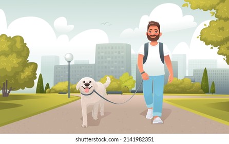 Happy man walks in the city park with his dog. Walking with a pet in nature. Outdoor activities with a four legged friend. Vector illustration in cartoon style