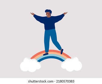 Un hombre feliz camina sobre el arco iris. Un chico sonriente abre los brazos y crea buena onda alrededor de su cuerpo. El personaje femenino sonriente disfruta de su libertad y su vida. Concepto positivo y equilibrado del cuerpo