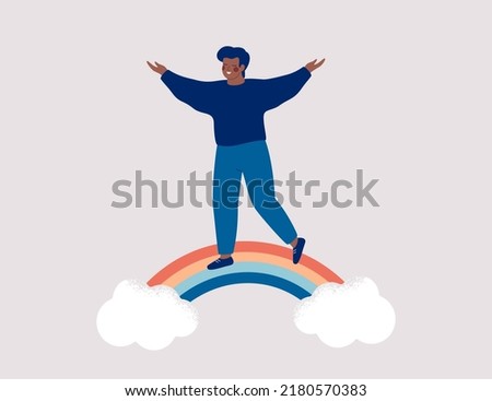 Happy man walks on the rainbow. Smiled boy opens arms and creates good vibe around his. Smiling female character enjoys her freedom and life. Body positive and balance concept