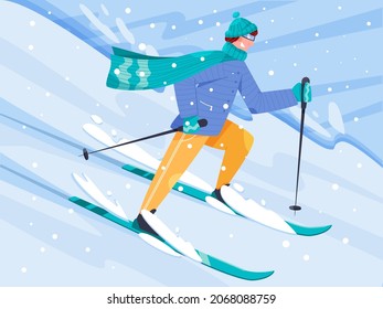 Happy man in warm clothes skiing vector flat illustration. Young sportsman riding downhill. Winter sport, hobby, activity outdoors, snowy landscape.