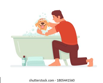 Un hombre feliz lava al perro en el baño. El tipo se encarga de su mascota. Animales domésticos para la higiene. Ilustración vectorial en estilo plano