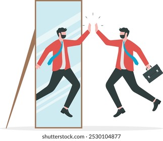 Homem feliz observando no espelho. Homem espelhado narcisista. Conceito de autoestima, autoconfiança, aumentar a motivação. Design plano de ilustração vetorial

