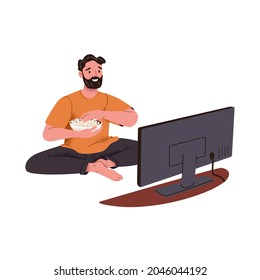 Happy man watching movie on TV. Smiling guy resting with cinema and popcorn snack at home. Person relaxing at television at leisure time. Flat vector illustration isolated on white background