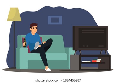 Happy man watching tv at home alone. Young guy at house sitting on couch, watching television and drinking beer. Rest and relax at house vector illustration. Modern interior design.