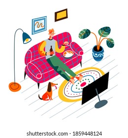 Happy man watching tv at home alone. Young guy at house sitting on couch, watching television and drinking beer. Rest and relax at house vector illustration. Modern interior design.