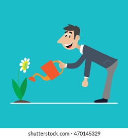 a happy man is watering the flowers. vector illustration of cartoon
