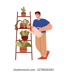 Happy man watering plants, flat vector illustration isolated on white background. Concept of household chores. Male character taking care of home garden and houseplants.