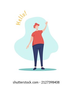Happy man waving hand saying hi. Redhead guy with hands in greeting gesture say hello. Character doing greet pose. Blue and white background. Flat cartoon vector illustration. 
