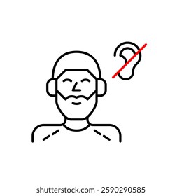 Happy man wearing headphones and ear crossed symbol. Audio muted, noise cancelling or quiet mode. Accessibility for hearing impaired people via vibration or subtitles. Pixel perfect, editable stroke v
