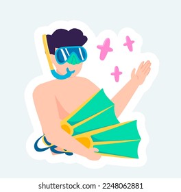 Happy man wearing mask and diving fins. Summertime rest. Vector illustration in cartoon sticker design