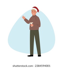 Happy man wearing a Santa Claus cap and drinking alcohol. Christmas illustration
