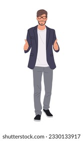 Happy man wearing smart casual office outfit in winning pose with thumbs up celebrating victory, success. Businessman cartoon male character vector realistic Illustration isolated on white background