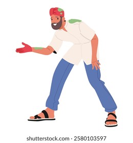 Happy man wearing traditional Indian headwear and spotted clothing showing painted hand palms enjoying celebration of Holi color party art carnival creative spring holiday in India vector illustration