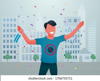 The Happy Man Went Outside After The End Of The Pandemic And Quarantine. Vector Illustration.