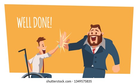 Happy Man in Wheelchair Give High Five to Coworker in Suit. Smiling Disabled Office Worker Sitting in Chair. Colleague Wearing Formal Suit. Fun Work. Cartoon Flat Vector Illustration