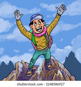Happy man when he reaches the top of the mountain.