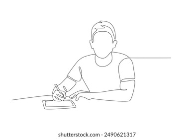 A happy man while doing his homework. Homework concept one-line drawing