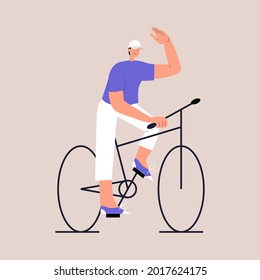Happy man in a white cap rides a bicycle and waves his hand. Eco-friendly urban transport. Post-quarantine lifestyle. Vector illustration in flat style on isolated background. Eps 10.