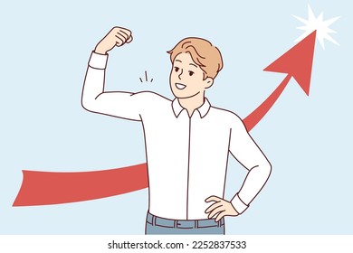 Happy man in white shirt showing biceps while standing near arrow pointing up. Strong guy shows off muscles in arms after visiting fitness club or business success. Flat vector illustration