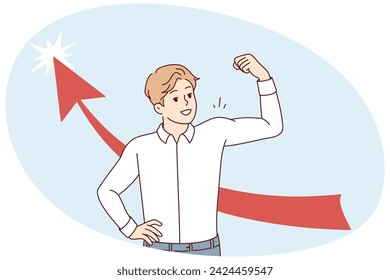 Happy man in white shirt showing biceps while standing near arrow pointing up. Strong guy shows off muscles in arms after visiting fitness club or business success. Flat vector illustration