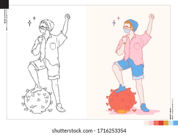 Happy man who has recovered from Covid-19. Vector illustration in both outline and color versions. Cartoon style artwork.