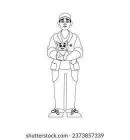 A happy man who loves and takes care of animals, including a very adorable cat. Childrens coloring page.