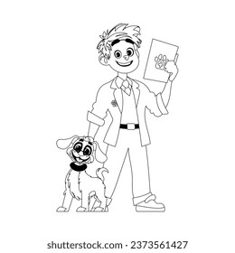 Happy man who takes care of animals and really cute dog. Childrens coloring page.