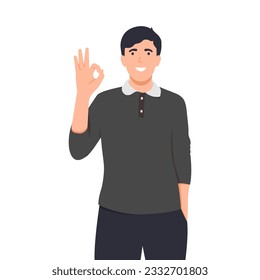 Happy man with win or ok gesture. Young man showing Approved, Accepted, Liked and Excellent sign. Hand communication icon. Flat vector illustration isolated on white background