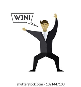 Happy the man to win. Speech Bubble. Vector illustration.