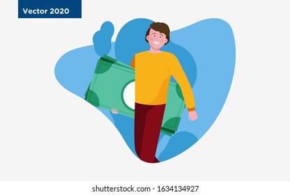 Happy man winning cash prize. Entrepreneur getting profit, holding banknotes flat vector illustration. Business success, investment, income concept for banner, website design or landing web page