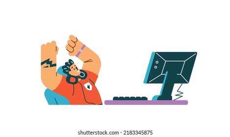 Happy man winning or succeeding in cyber sport, flat vector illustration isolated on white background. Teenager playing video games. Cartoon character of gamer boy, e-sport tournament.
