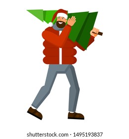 Happy man in winter clothes and a Santa Claus hat carries a Christmas tree home on Christmas eve. Flat cartoon vector style. Christmas and New year. 2020. Isolated object on white background