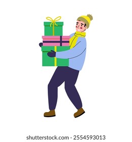 Happy man in winter clothes walking with gift boxes. Merry Christmas and Happy New Year. Vector illustration on white background, flat.