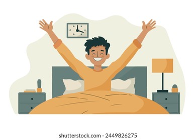 A happy man woke up and stretched in bed. Good morning. Vector illustration in cartoon style.