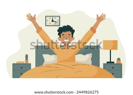 A happy man woke up and stretched in bed. Good morning. Vector illustration in cartoon style.