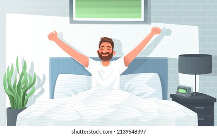 Happy man woke up and stretches in bed. Good morning. Awakening. Wake up. Vector illustration in cartoon style