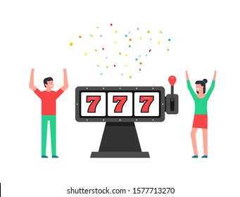 Happy man and woman with 777 Slot Machine. Casino vegas game. isolated on white background