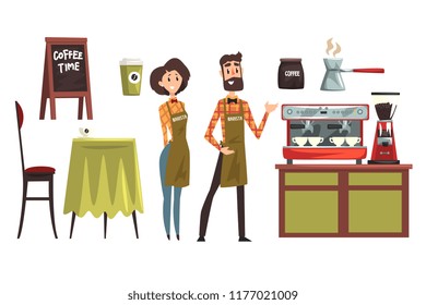 Happy man and woman barista wearing plaid shirts. Set with design elements of coffee shop equipment table, chair, cups and mugs, coffee machine, cezve. Flat vector