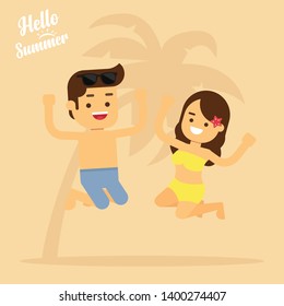 Happy man and woman at the beach in summer holiday,man and woman are jumping on the beach