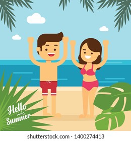 Happy man and woman at the beach in summer holiday,Young couple relaxing on a tropical beach