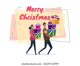 Happy man and woman carrying Xmas presents vector illustration. Merry Christmas lettering on abstract background. New Year, holiday, party, celebration, presents concept for banner or poster design