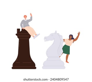 Happy man and woman cartoon characters playing giant chess figure isolated on white background