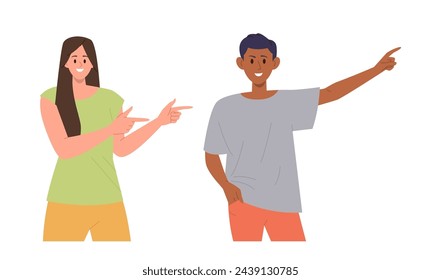 Happy man and woman cartoon characters pointing aside with index finger advertising something