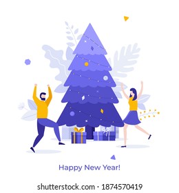 Happy man and woman celebrating holiday beside Christmas tree decorated by baubles and garlands. Concept of New Year's celebration, festive party. Modern flat vector illustration for banner, poster.