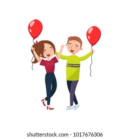 Happy man and woman celebrating with red balloons cartoon vector Illustration
