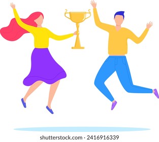 Happy man and woman celebrating victory with a gold trophy. Cheerful couple jumping happily with a prize cup. Winners joy and success celebration vector illustration.