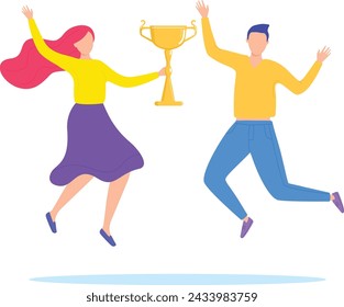 Happy man woman celebrating victory gold trophy. Cheerful couple jumping happily prize cup. Winners joy success celebration vector illustration